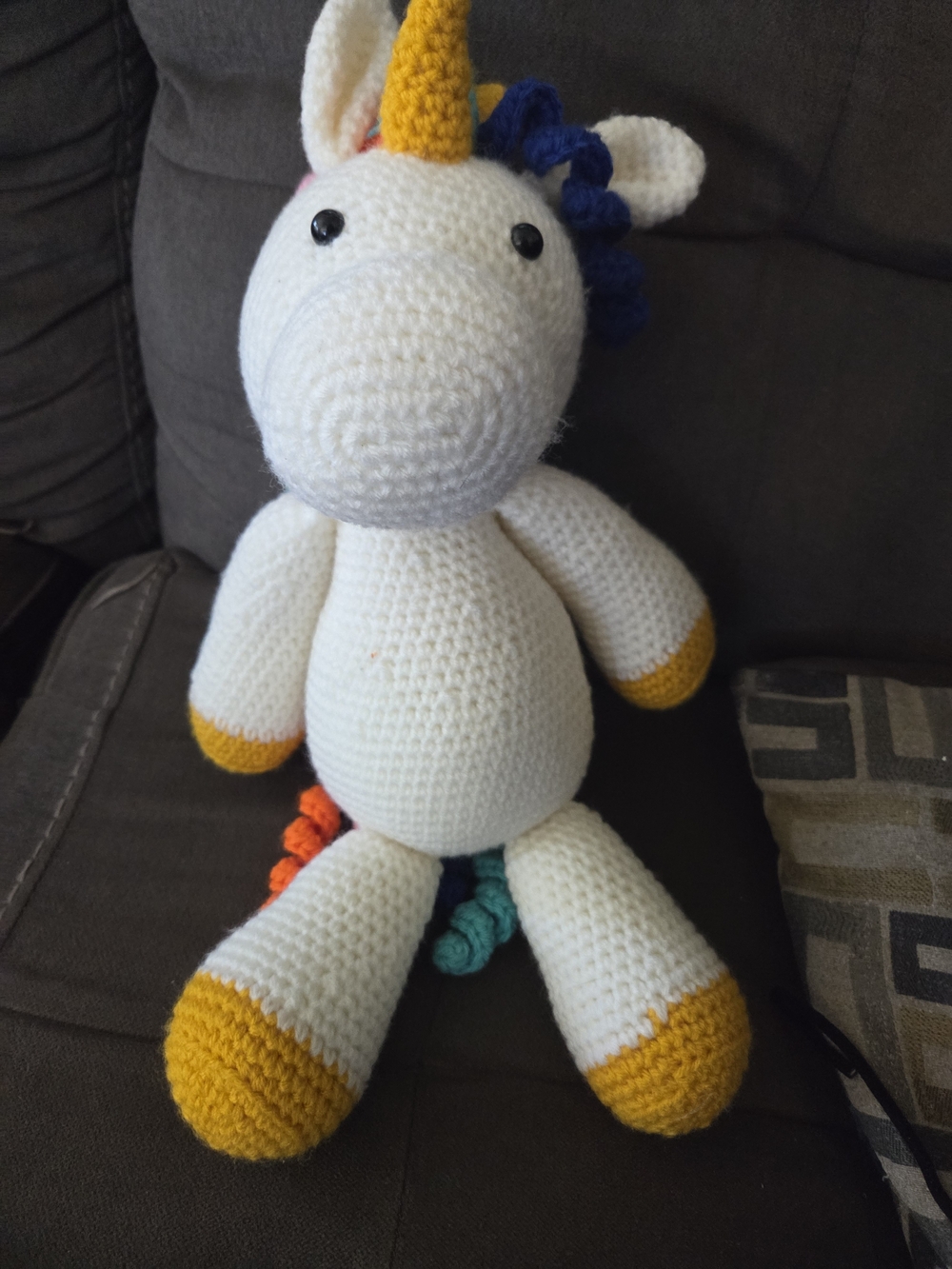 Handmade White Crochet Unicorn Plush Toy with Yellow Accents